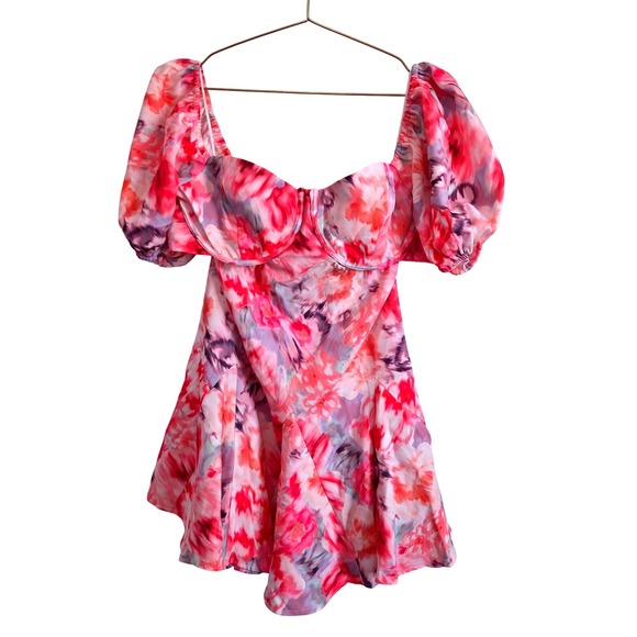 Showpo Janiena Puff Sleeve Fit and Flare Mini Dress Meadow Blur Floral - Picture 2 of 12